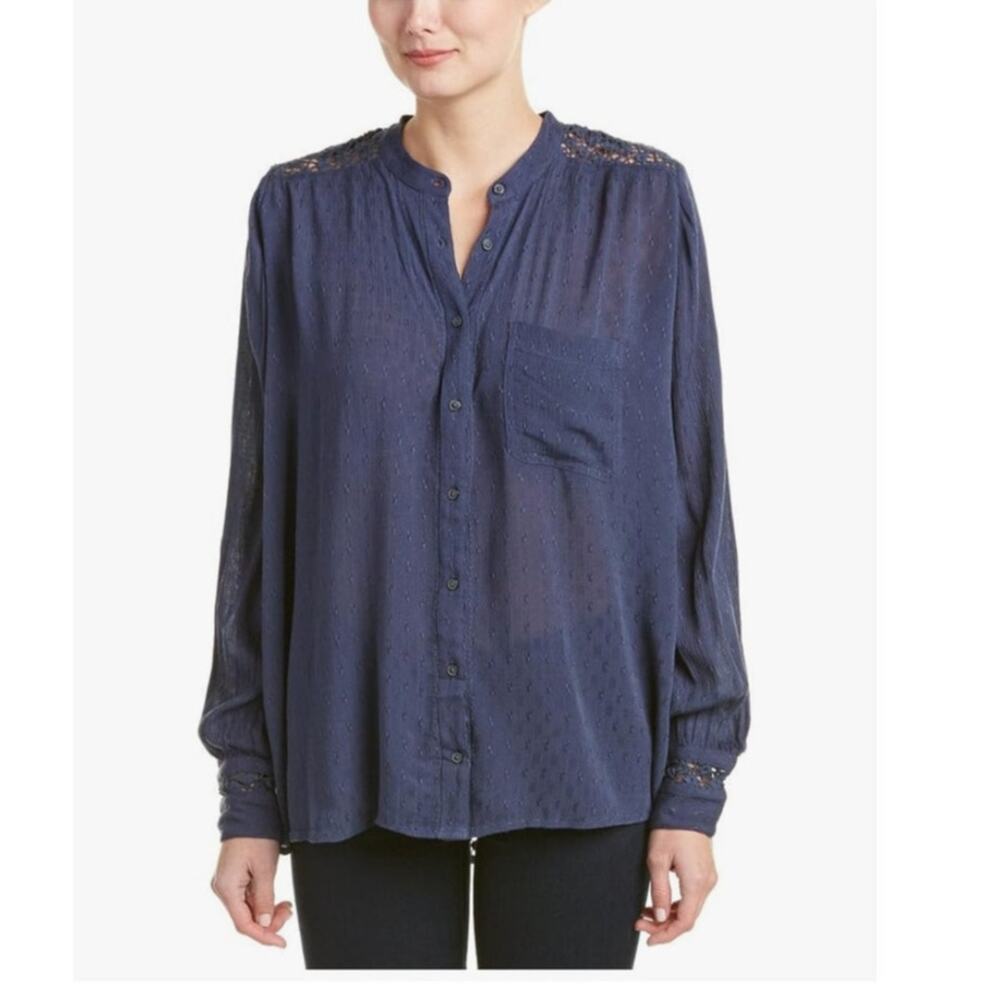 Free People The Best Button Down Navy Crochet Top - Size M - Picture 1 of 5